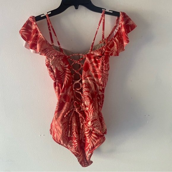 New Leonisa Orange Floral Off-Shoulder Ruffle One Piece Swimsuit 37747 - Picture 3 of 12